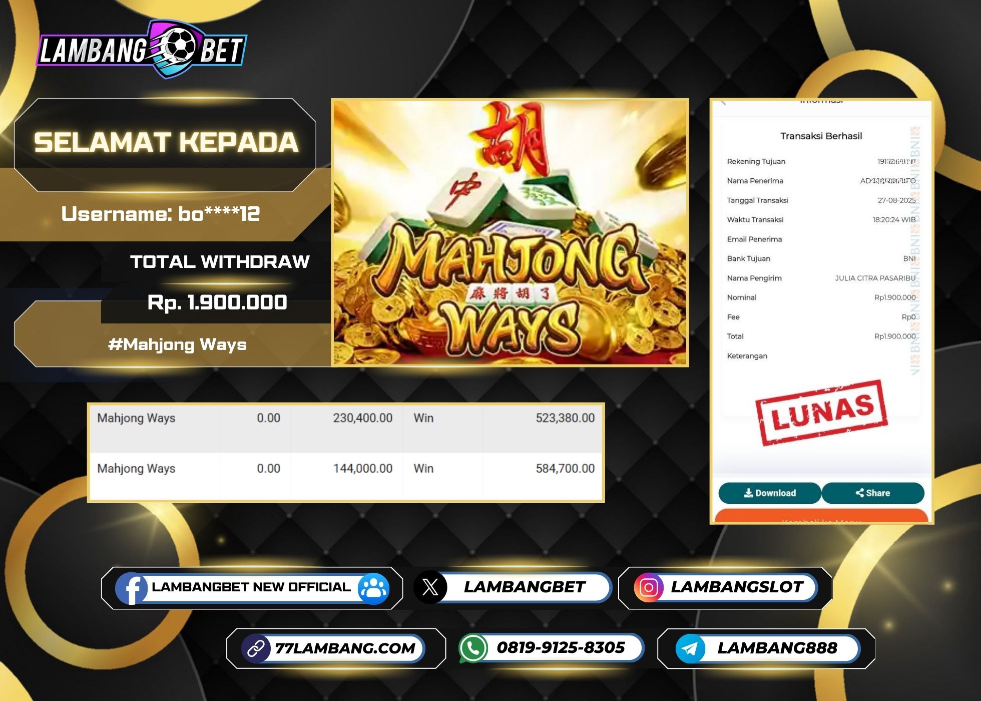LAMBANGBET [27 AUGUST 2025] JACKPOT SLOT Mahjong Ways "Rp1.900.000" LUNAS
